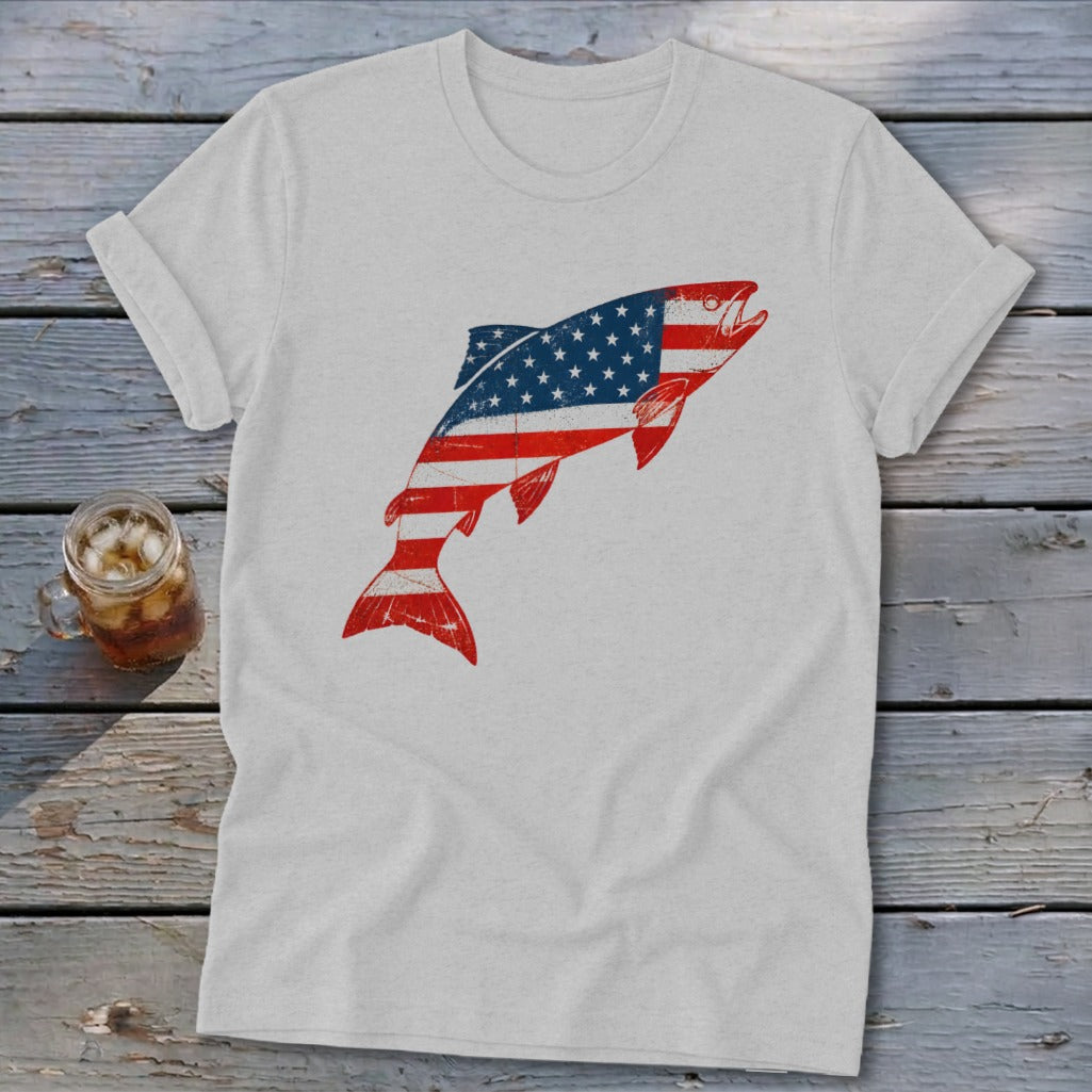 A light gray t-shirt with rolled sleeves featuring a distressed American flag fish graphic.