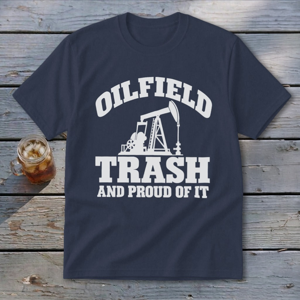 Navy t-shirt with white text and oil pump graphic: "OILFIELD TRASH AND PROUD OF IT"