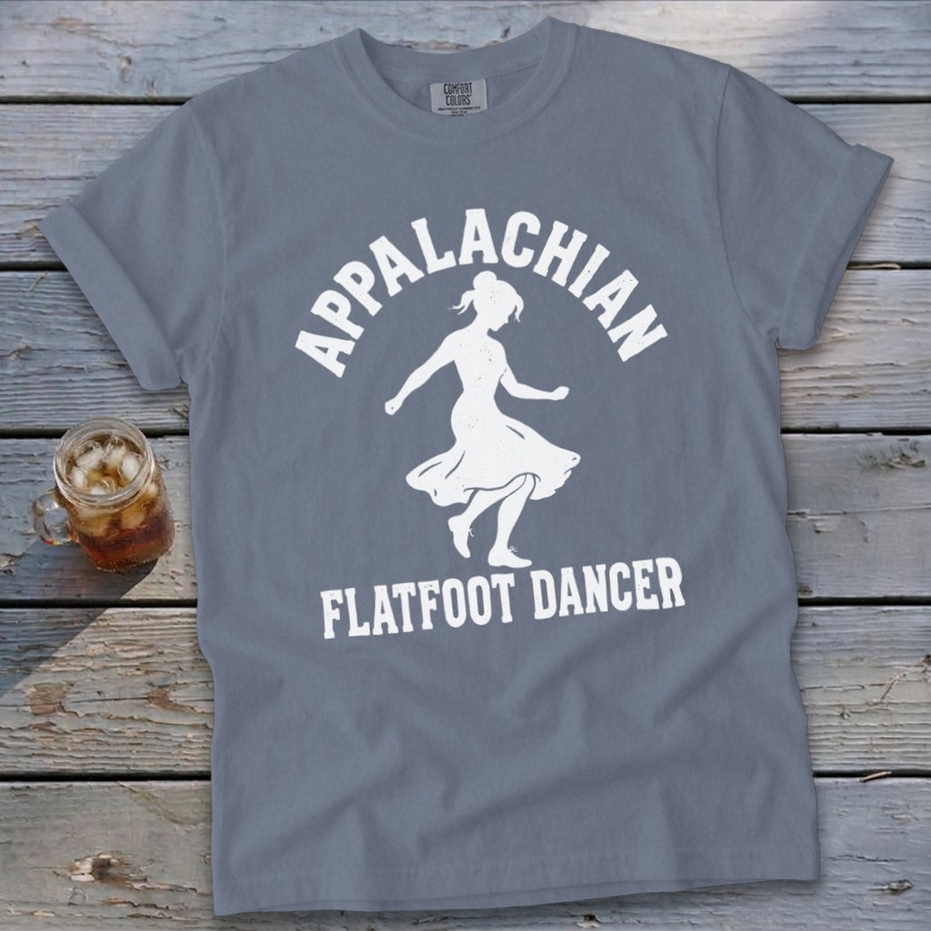 Blue crewneck t-shirt featuring a white graphic of a dancer and the text Appalachian Flatfoot Dancer.
