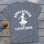 Blue crewneck t-shirt featuring a white graphic of a dancer and the text Appalachian Flatfoot Dancer.
