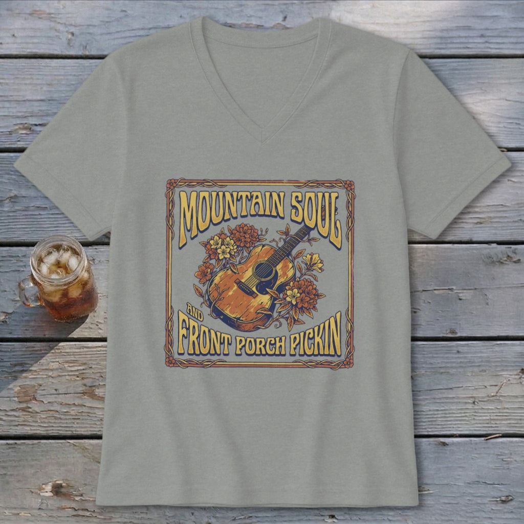 Light grey v-neck t-shirt with "Mountain Soul and Front Porch Pickin'" graphic.
