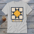 Light grey t-shirt with a quilted Ohio Star design featuring a yellow center and floral patterns.