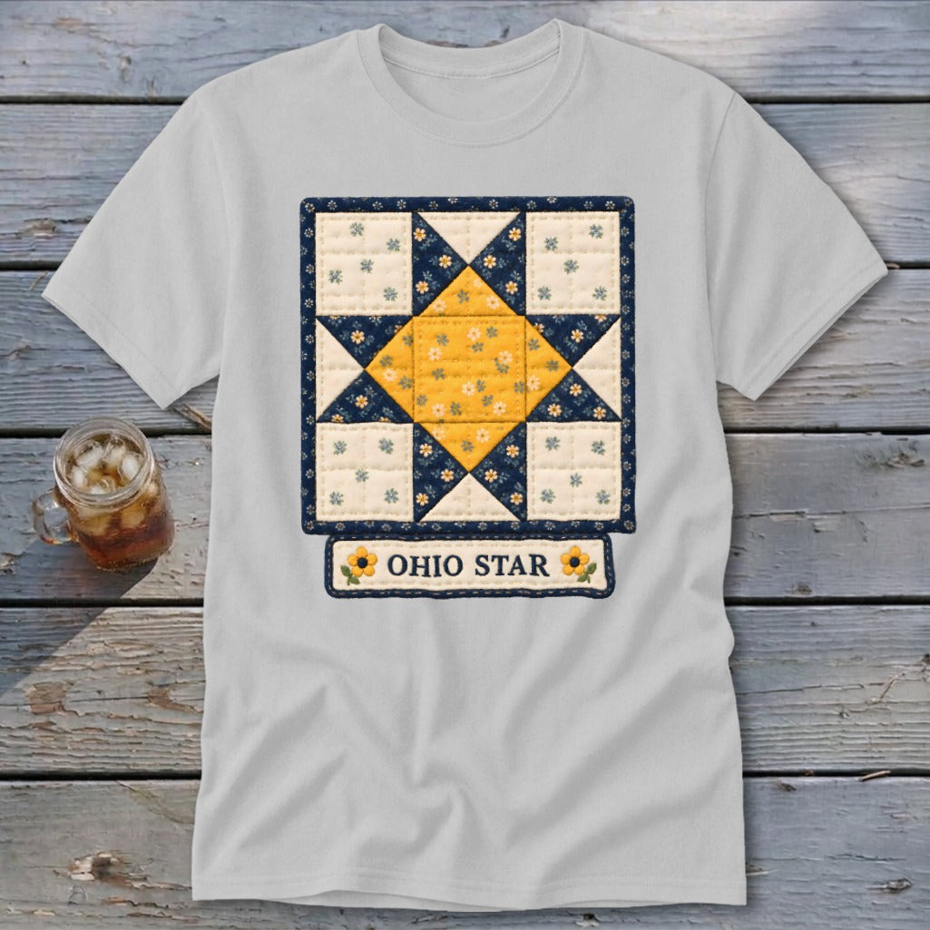 Light grey t-shirt with a quilted Ohio Star design featuring a yellow center and floral patterns.