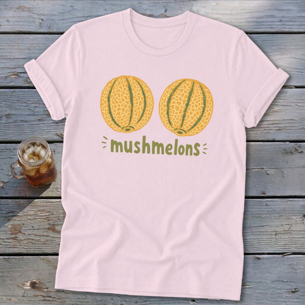 Pink t-shirt with two cantaloupes and the text "mushmelons".