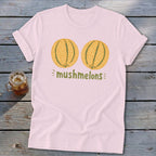 Pink t-shirt with two cantaloupes and the text "mushmelons".