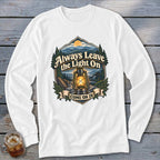 White long sleeve shirt with a graphic of a lantern, mountains, and the text "Always Leave the Light On Come On In."