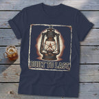 Navy t-shirt with distressed lantern graphic and "BUILT TO LAST" text.