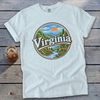 White t-shirt with circular Virginia landscape graphic featuring deer and river.