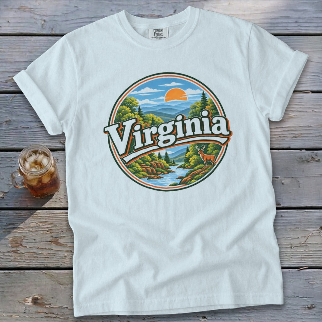 White t-shirt with circular Virginia landscape graphic featuring deer and river.