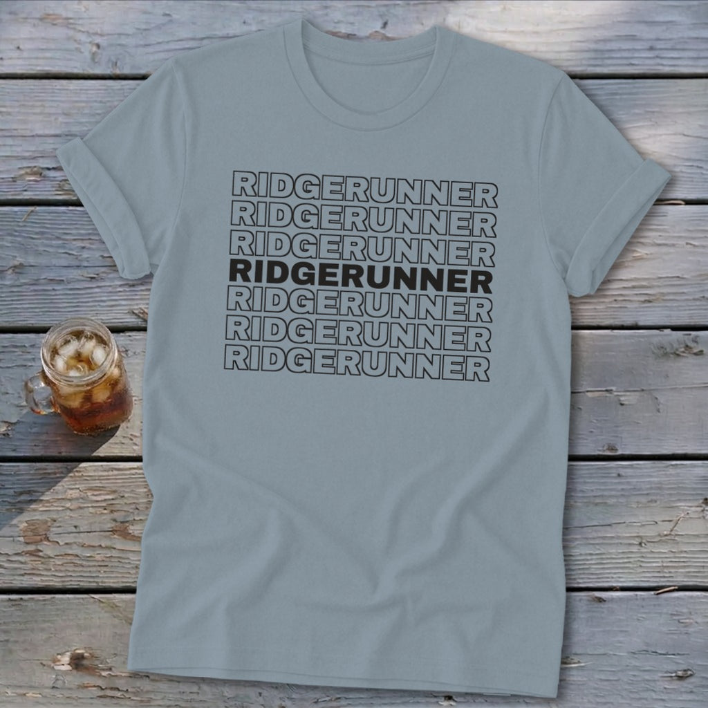 Light blue t-shirt with repeating "RIDGERUNNER" text in black.