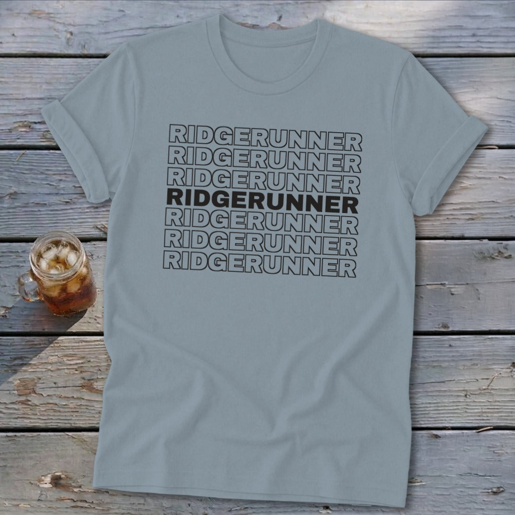 Light blue t-shirt with repeating "RIDGERUNNER" text in black.