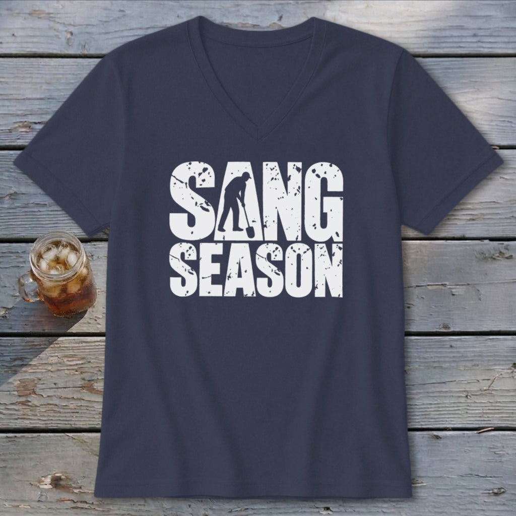 Dark blue V-neck t-shirt with white distressed text reading Sang Season featuring a digger silhouette.