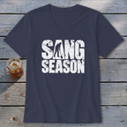 Dark blue V-neck t-shirt with white distressed text reading Sang Season featuring a digger silhouette.
