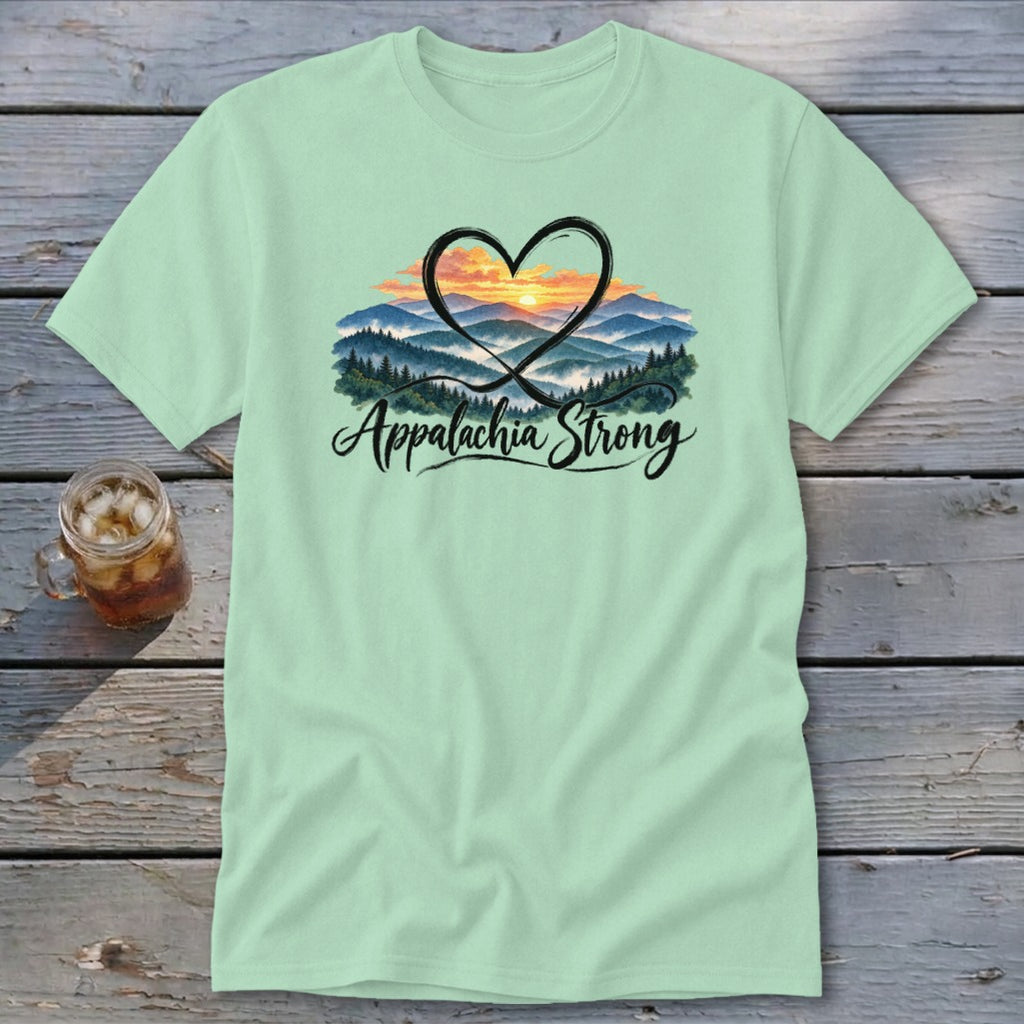 Pale mint t-shirt with mountains, sunset, heart, and "Appalachia Strong" text.
