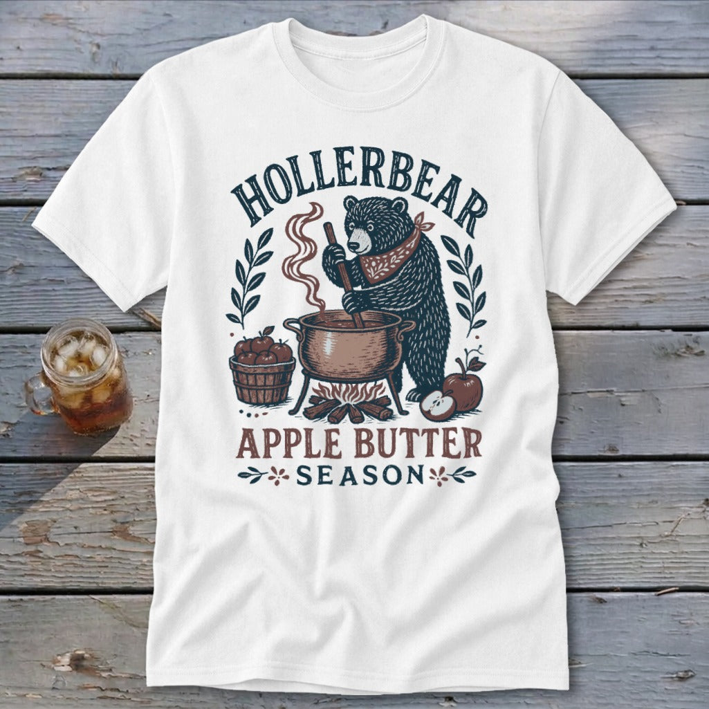 Bear making apple butter with "Hollerbear Apple Butter Season" text.