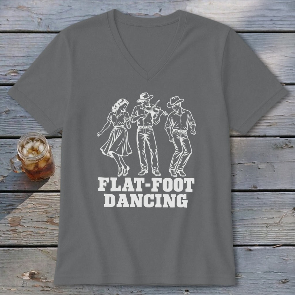 Gray t-shirt with white graphic of three dancers and "FLAT-FOOT DANCING" text.