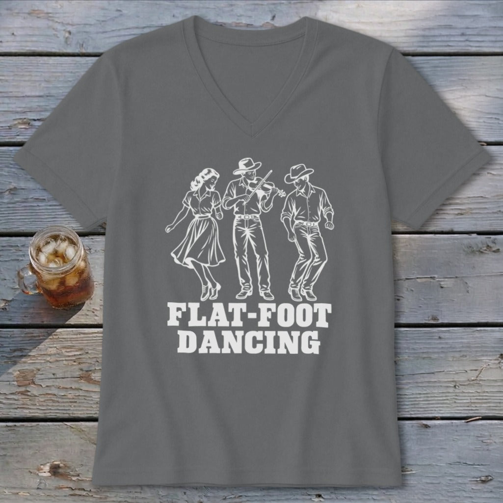 Gray t-shirt with white graphic of three dancers and "FLAT-FOOT DANCING" text.