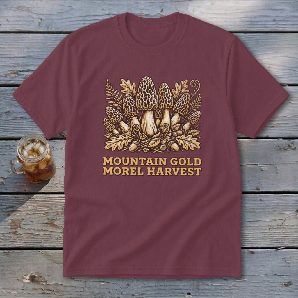 Maroon t-shirt with illustration of morel mushrooms and text "MOUNTAIN GOLD MOREL HARVEST".