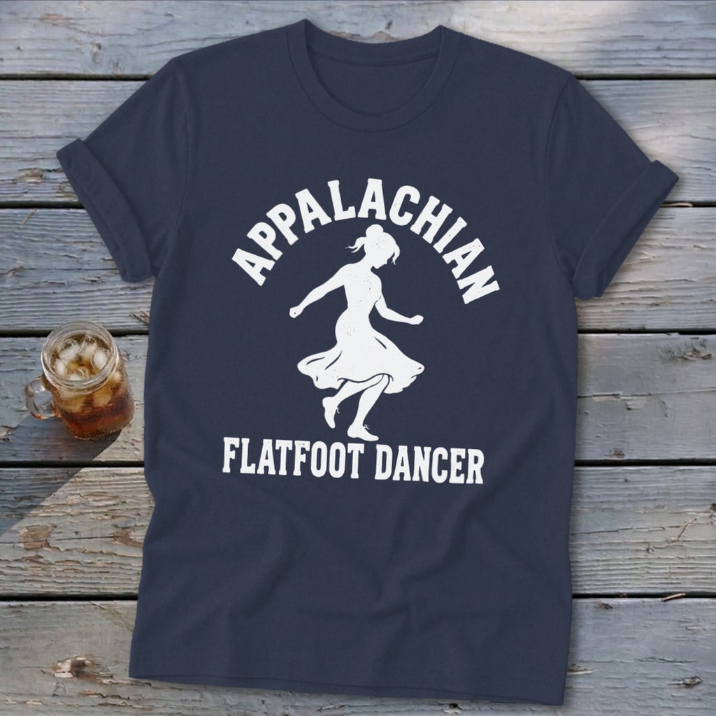 Dark blue t-shirt with a white graphic of a dancing woman and text reading Appalachian Flatfoot Dancer.