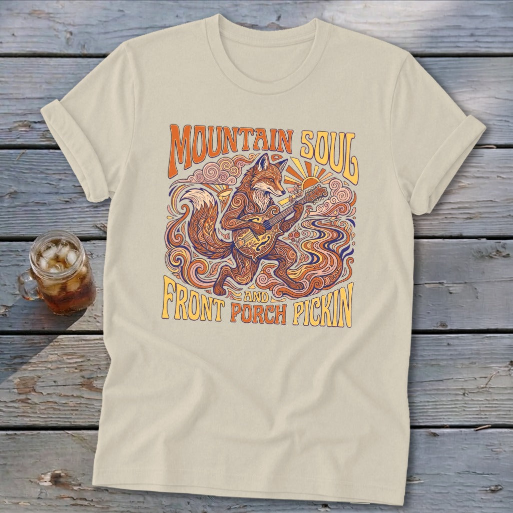 T-shirt with fox playing guitar and text "Mountain Soul and Front Porch Pickin'".