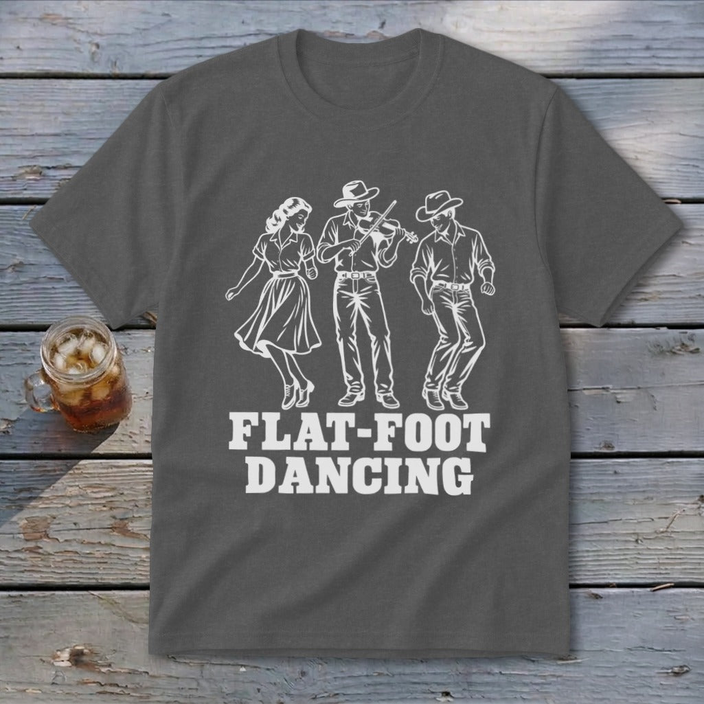 Grey t-shirt with white graphic of three people dancing, one playing violin, text reads "FLAT-FOOT DANCING".