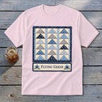 Pink t-shirt with a "Flying Geese" quilt pattern design and text.