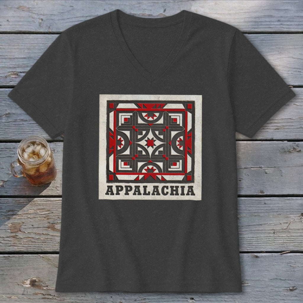 Dark grey V-neck t-shirt featuring a red, black, and white quilt block design with the text Appalachia below.