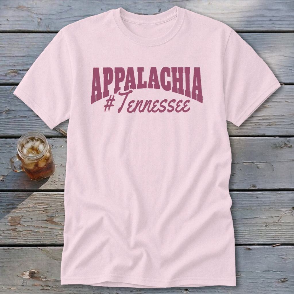 Light pink t-shirt with "Appalachia #Tennessee" text in maroon.