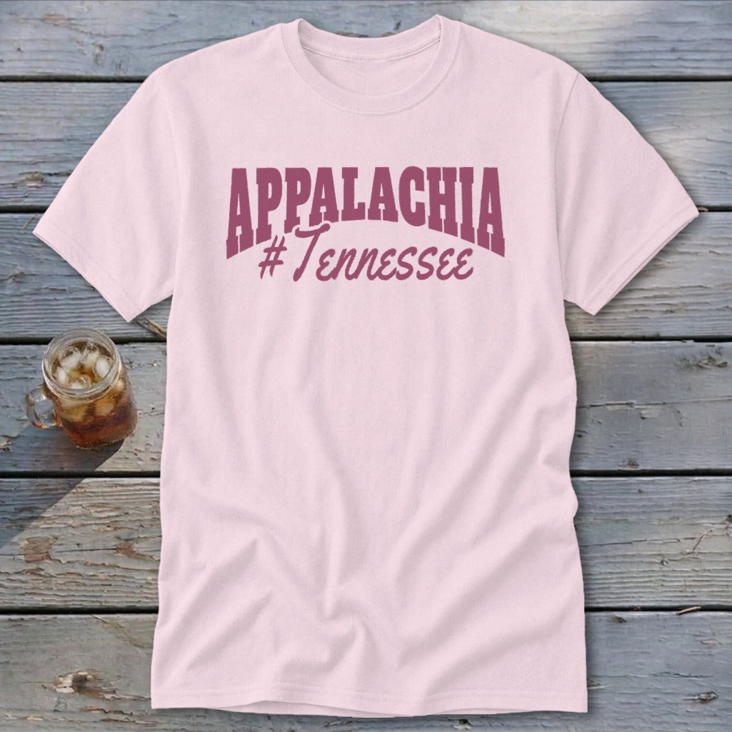 Light pink t-shirt with "Appalachia #Tennessee" text in maroon.