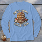 Dried Apple Stack Cake graphic with apples on a light blue long-sleeve shirt.