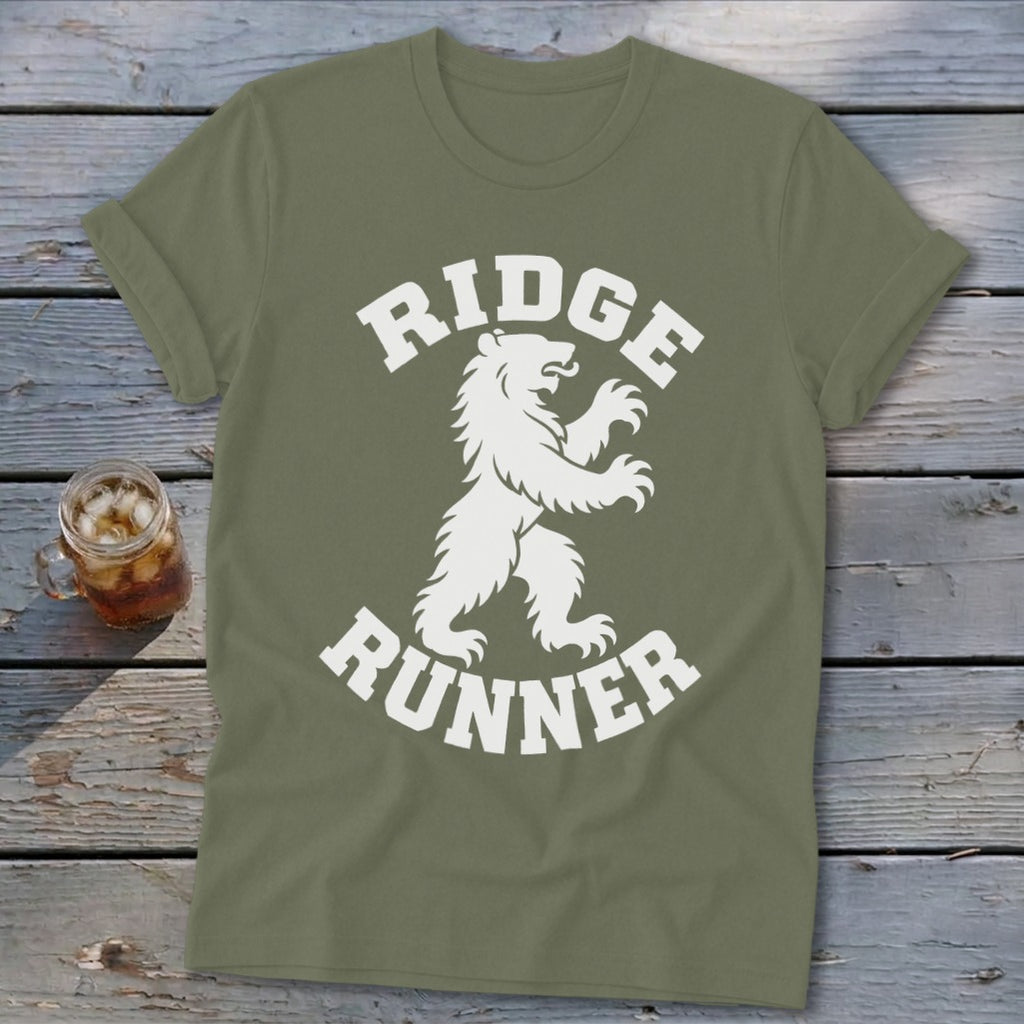 Olive green t-shirt with white bear graphic and text "RIDGE RUNNER".
