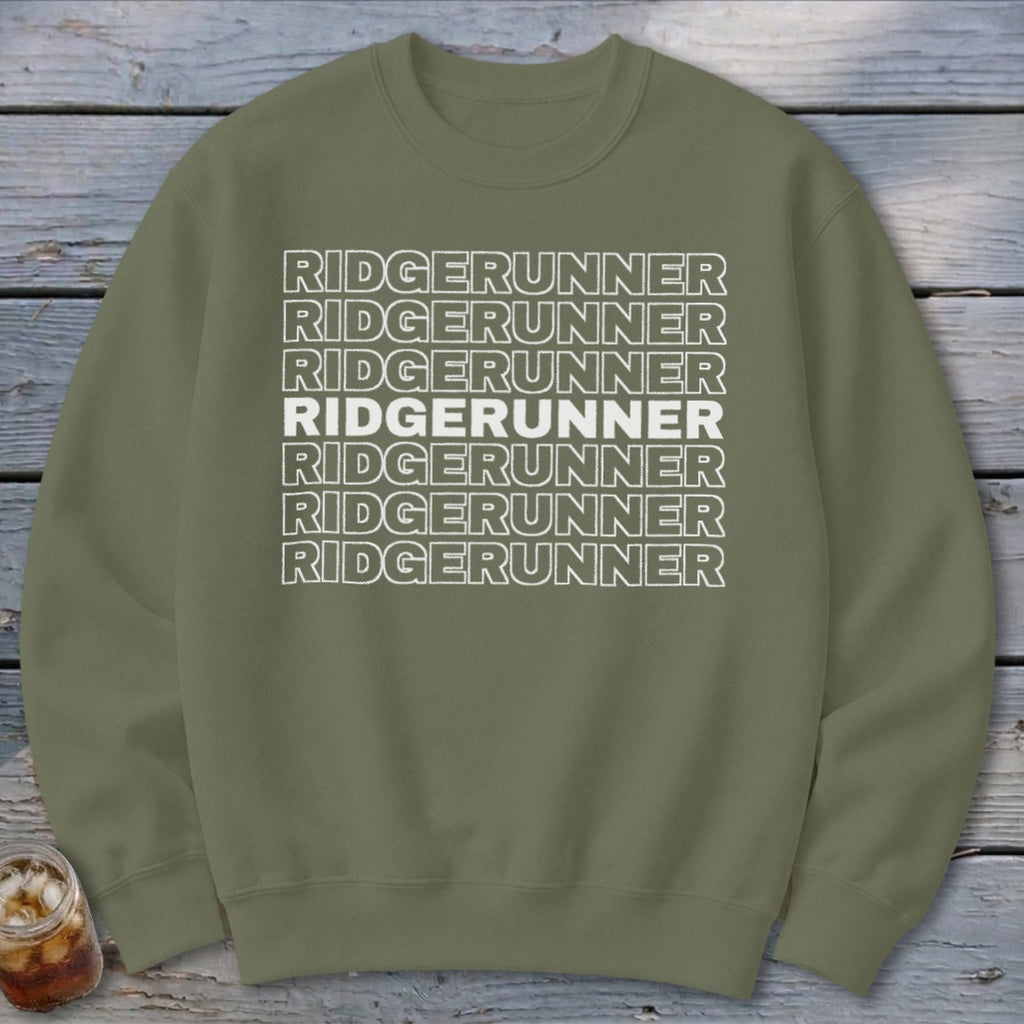Olive green sweatshirt with repeated white "RIDGERUNNER" text design.
