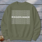 Olive green sweatshirt with repeated white "RIDGERUNNER" text design.