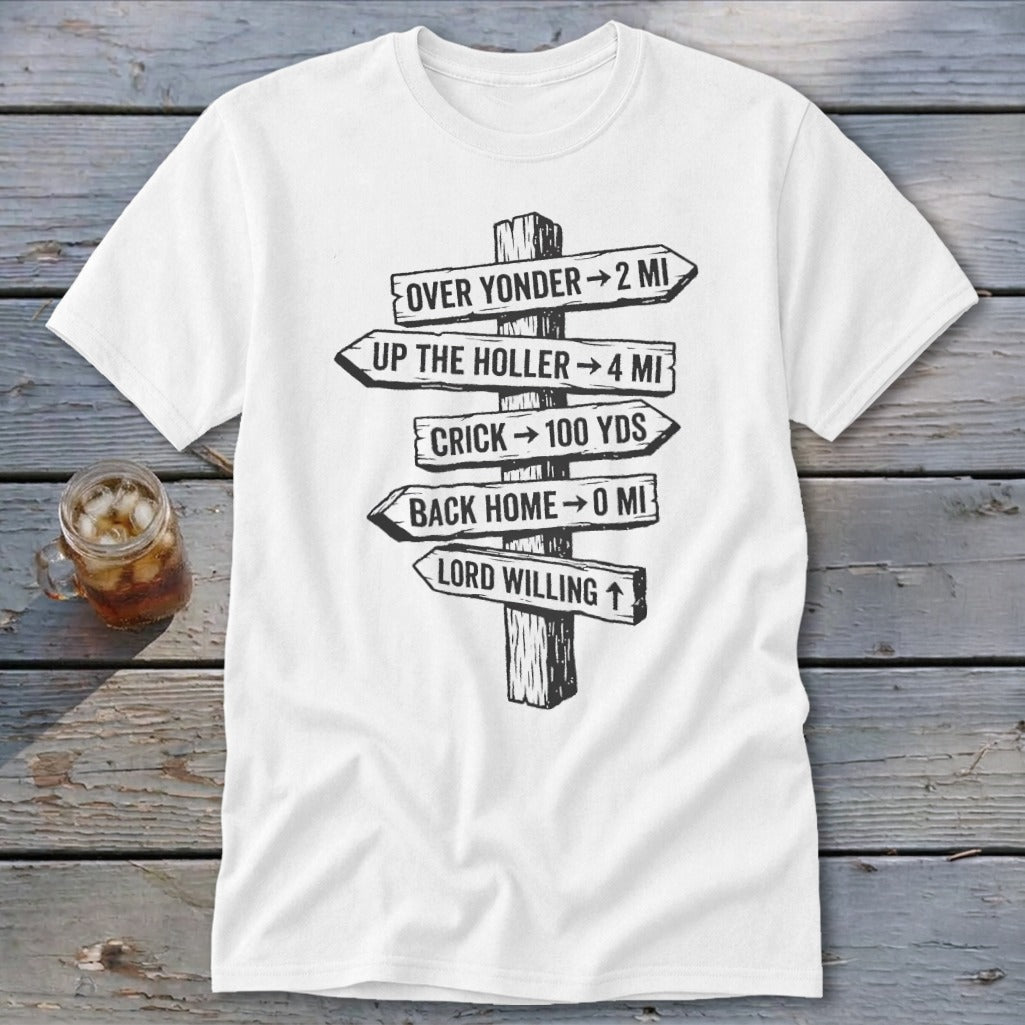 A white crewneck t-shirt featuring a black graphic of a wooden signpost with directional distance text.
