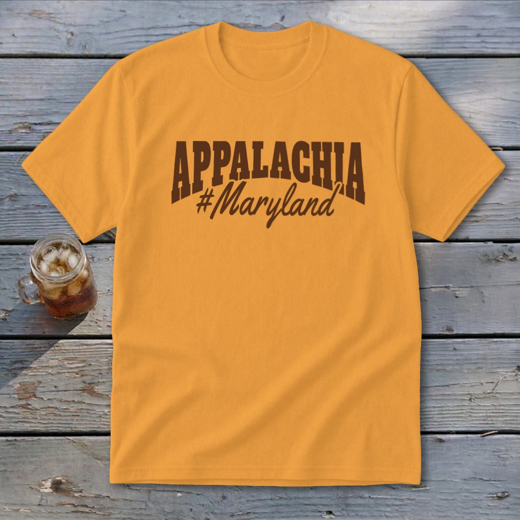 Yellow t-shirt with "APPALACHIA #Maryland" text in brown.