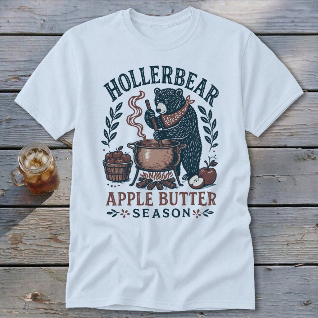 Bear making apple butter with "Hollerbear" and "Apple Butter Season" text.