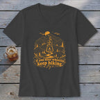 Dark grey v-neck t-shirt with orange mountain, lantern, and trail graphic.
