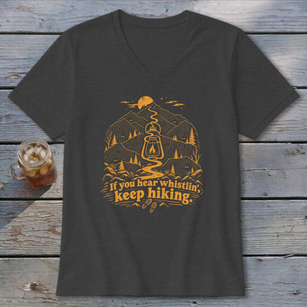 Dark grey v-neck t-shirt with orange mountain, lantern, and trail graphic.