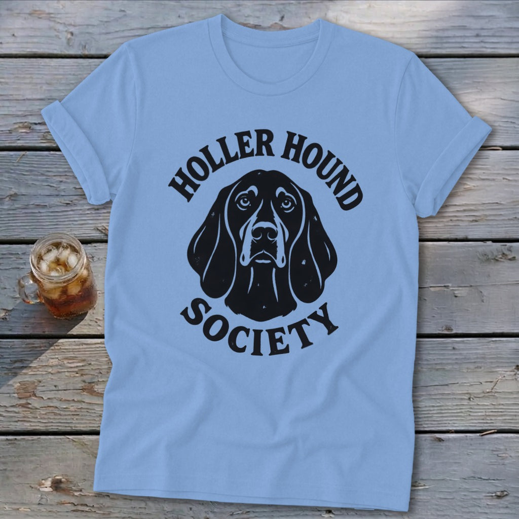 Light blue t-shirt with black "Holler Hound Society" text and dog graphic.