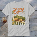 Light grey t-shirt with "Dulcimer Dreams" text and mountain dulcimer.