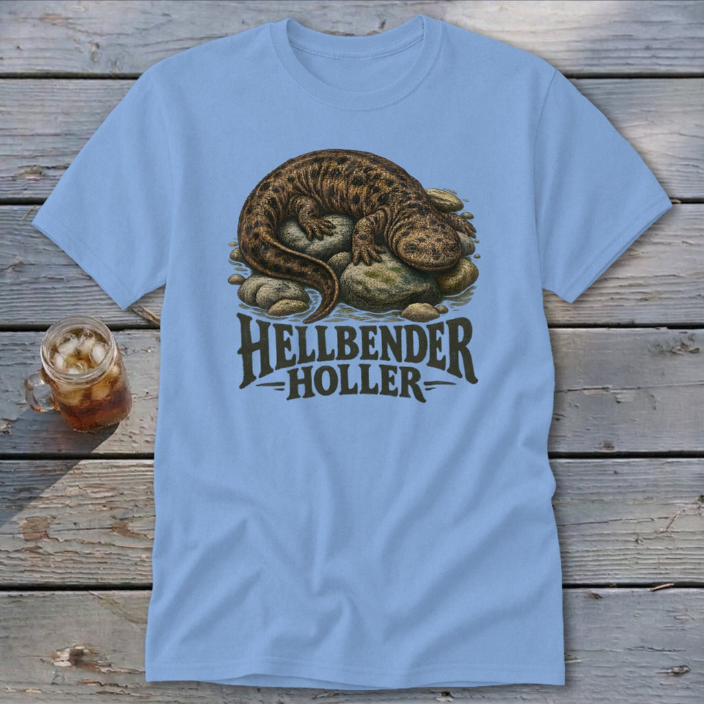 Light blue t-shirt with a hellbender on rocks and "Hellbender Holler" text.