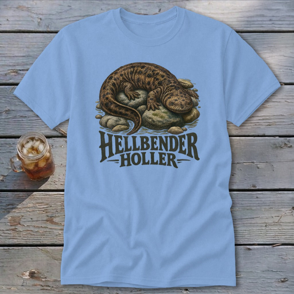 Light blue t-shirt with a hellbender on rocks and "Hellbender Holler" text.