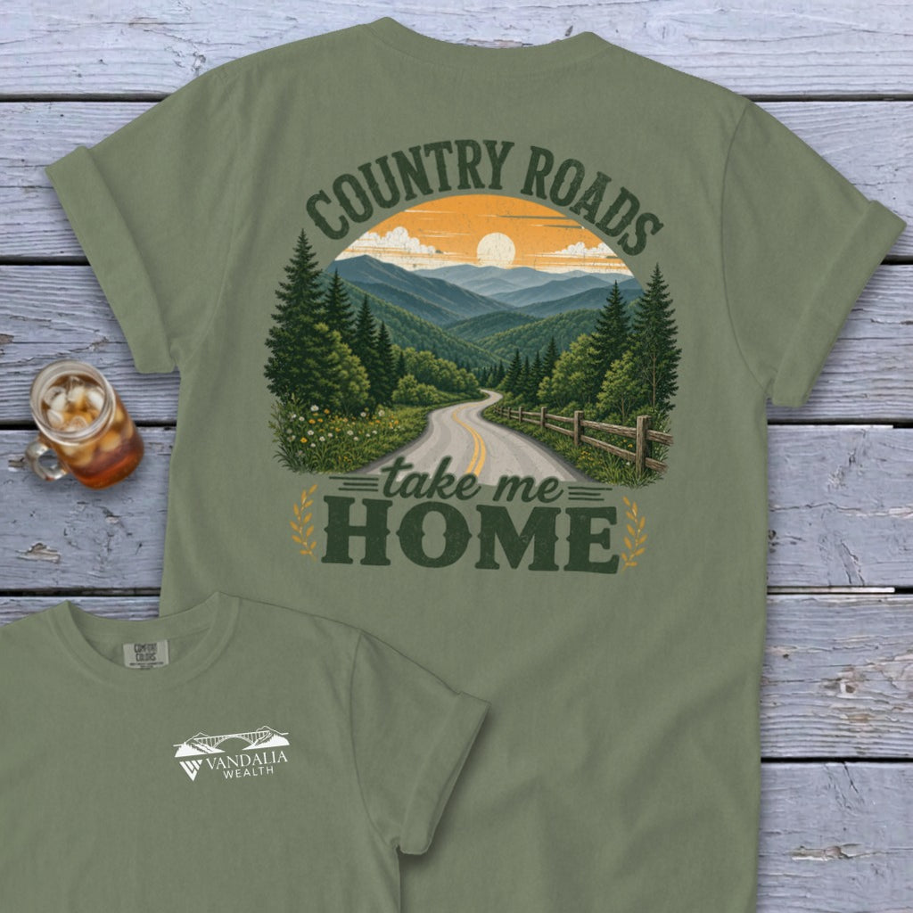 Olive green t-shirt with "COUNTRY ROADS take me HOME" text and mountain landscape graphic.