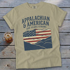 Tan t-shirt with Appalachian & American flag and mountains design.