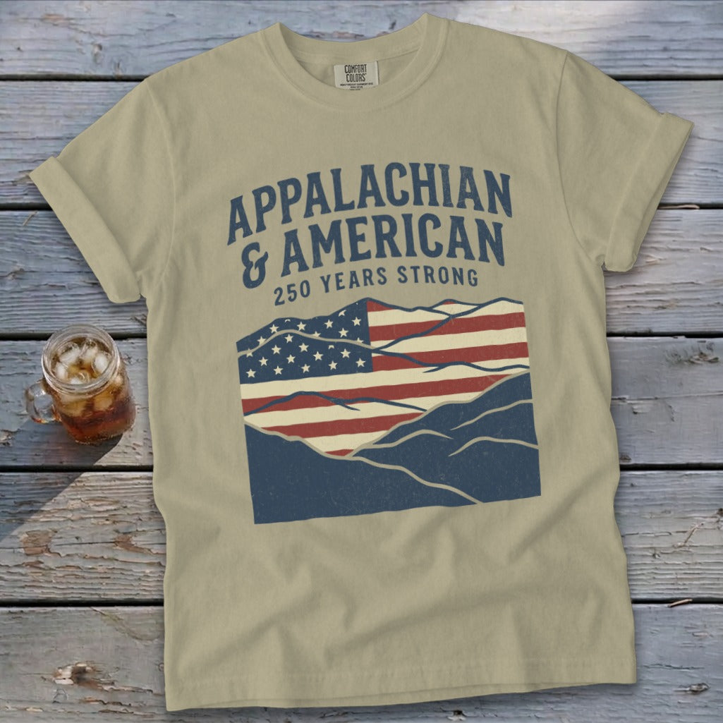 Tan t-shirt with Appalachian & American flag and mountains design.