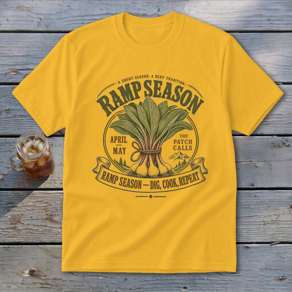 Yellow t-shirt with "Ramp Season" graphic featuring a bundle of ramps, dates, and text.