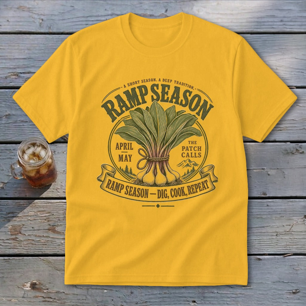 Yellow t-shirt with "Ramp Season" graphic featuring a bundle of ramps, dates, and text.