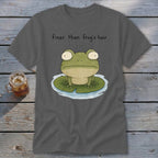 A dark gray t-shirt with a cartoon frog on a lily pad and the text finer than frog's hair.