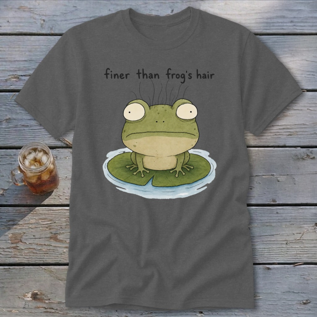 A dark gray t-shirt with a cartoon frog on a lily pad and the text finer than frog's hair.