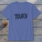 Blue v-neck t-shirt with "YOUR'N" printed in dark blue text.